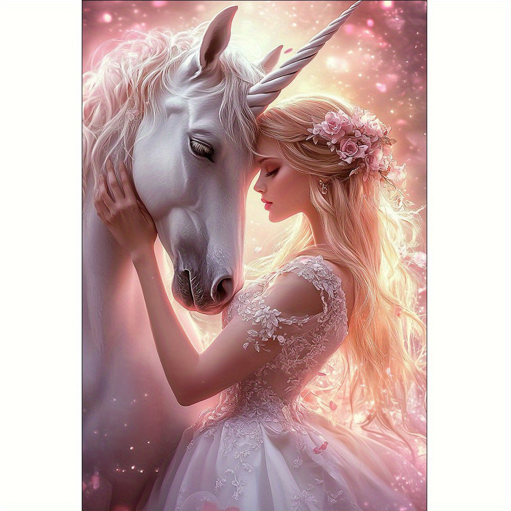 TEMU 1pc Pink Unicorn And White Horse Magical Wall Art - Frameless Canvas Painting Suitable For Bedroom,, Decor - Ethereal Unicorn & Horse Scene Wall