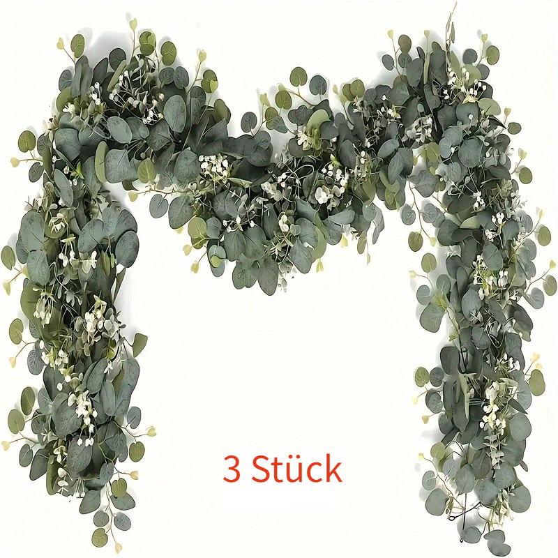 3-teiliges, lebensechtes *-Set - Knstliche Eukalyptus-Girlanden mit  silbernen Dollar & weien Blumen, je 177,8 cm - * fr Hochzeiten, als * und  Party-Tischdekoration, knstliche Blumen fr die ...
