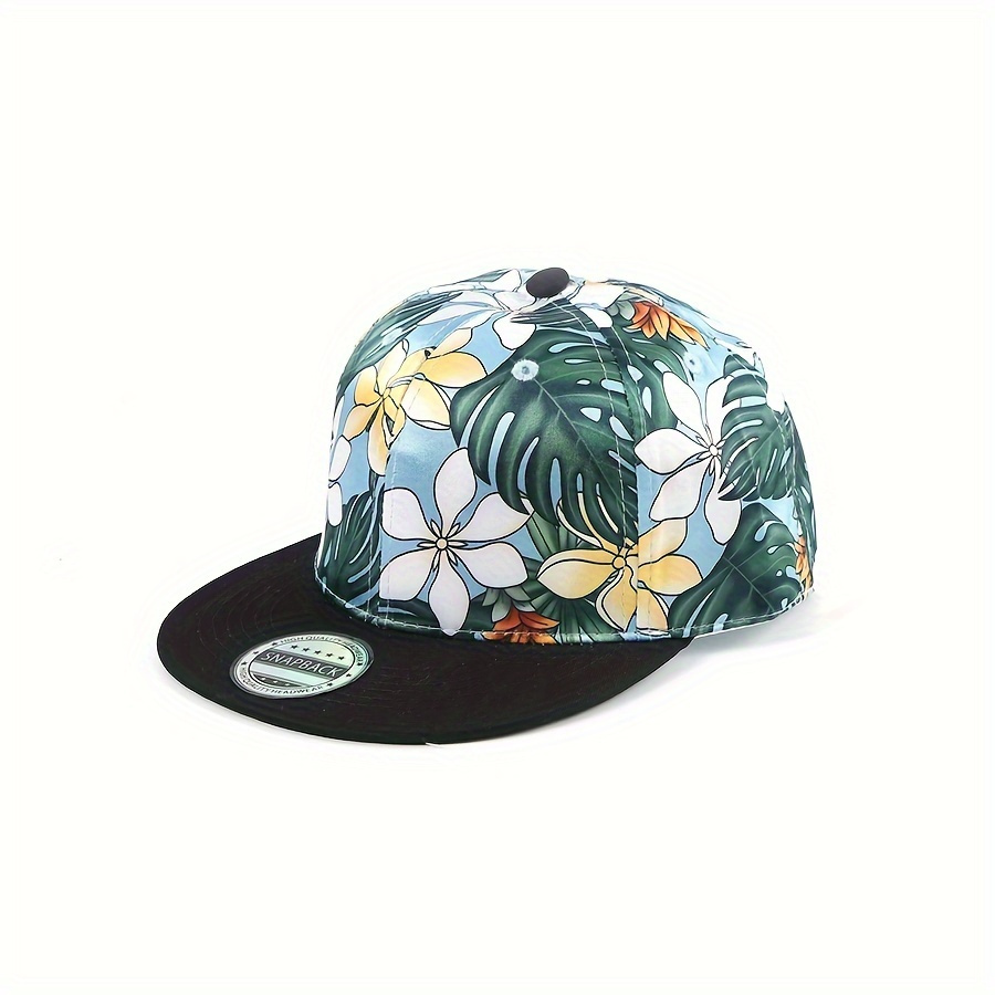 

Cool Hippie Hawaii Flat Brim Baseball Cap, Full Flower & Leaf Trucker Hat, Snapback Hat For Casual Leisure Outdoor Sports