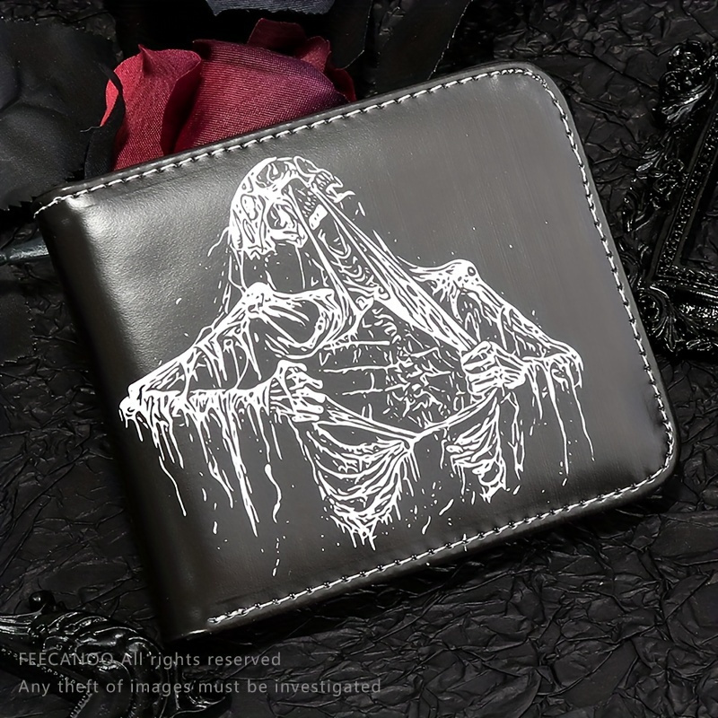 Image of 2024 's Wallet, Punk Style Skull Head Bi-fold Wallet, Fashionable Individual Linear Skull Print Purse, Coin Purse