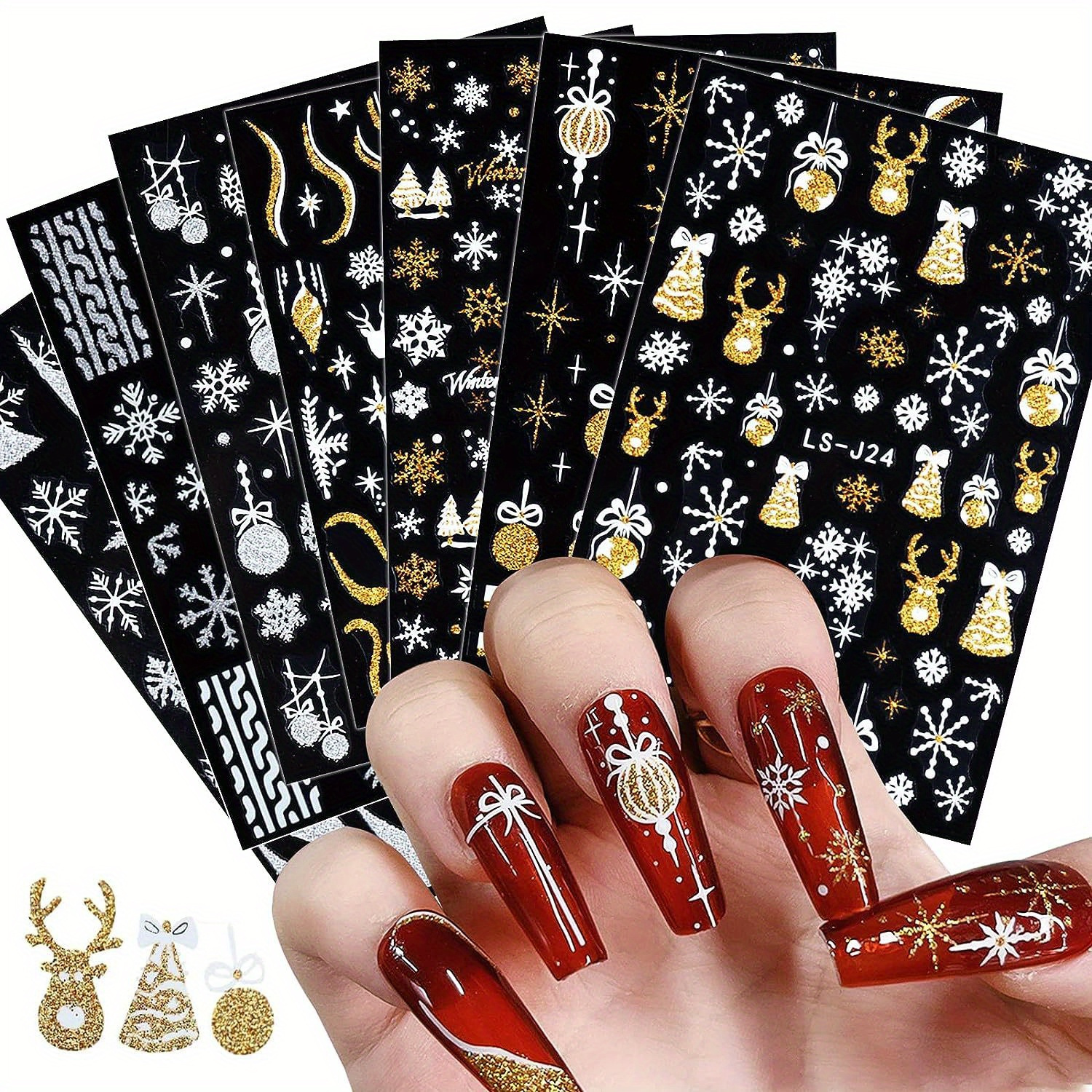 

8 Sheets Christmas Glitter Nail Art Stickers Decals Self-adhesive Holiday Golden Silvery Reindeer Line Snowflake Nail Supplies Nail Art Design Decoration Accessories