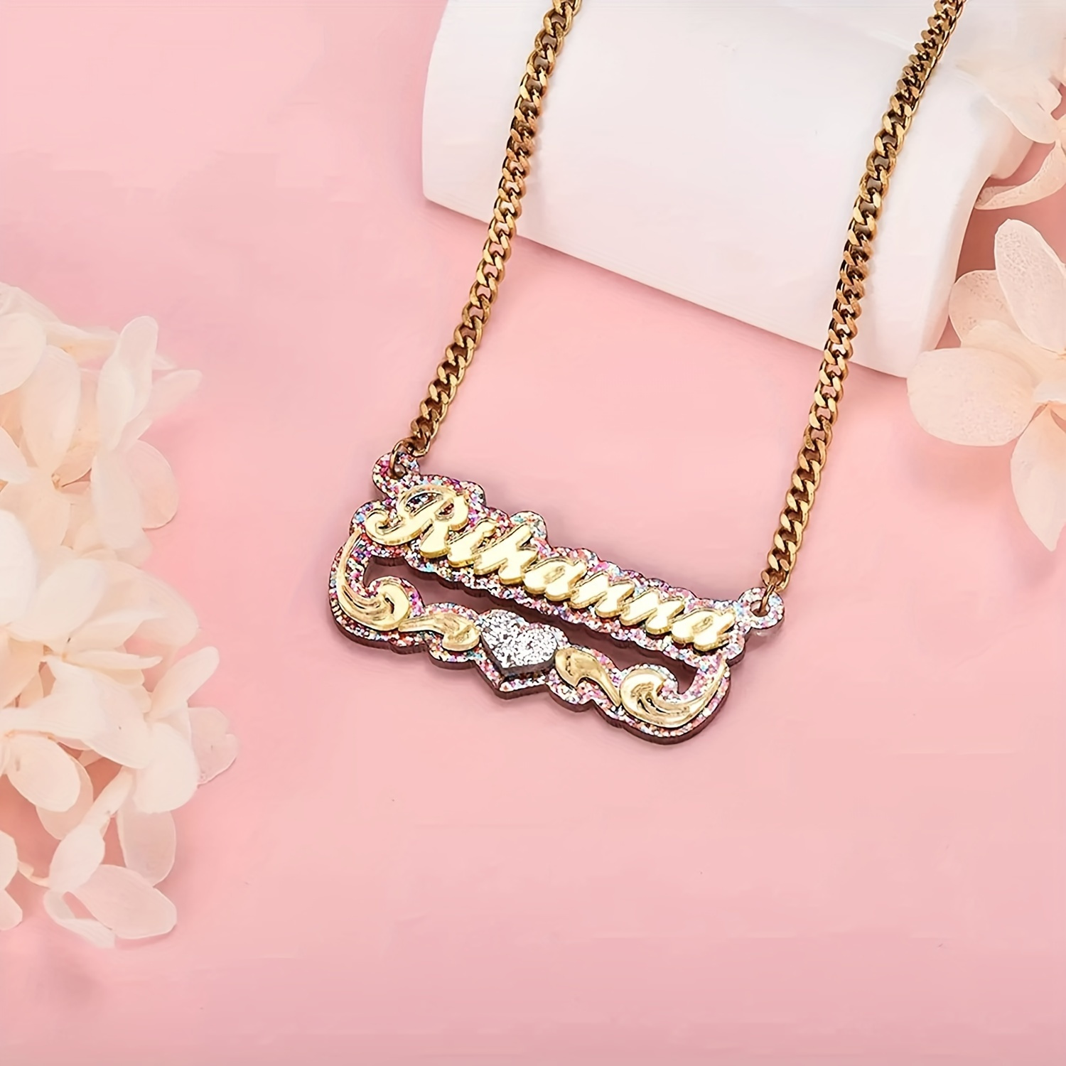

Customized Glitter Colorful Acrylic Name Pendant Personalized Heart Ribbon Decor Nameplate Necklace With Cuban Chain Custom Jewelry Gifts For Women