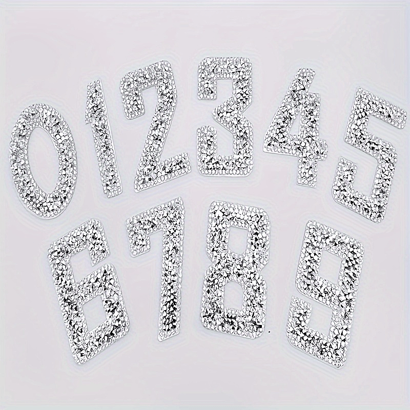 

0-9 Number Silvery Rhinestone Letter Patch Iron Sticker Clothing Emblem Sticker Clothing Bag Shoes Diy Creative Gift Decoration