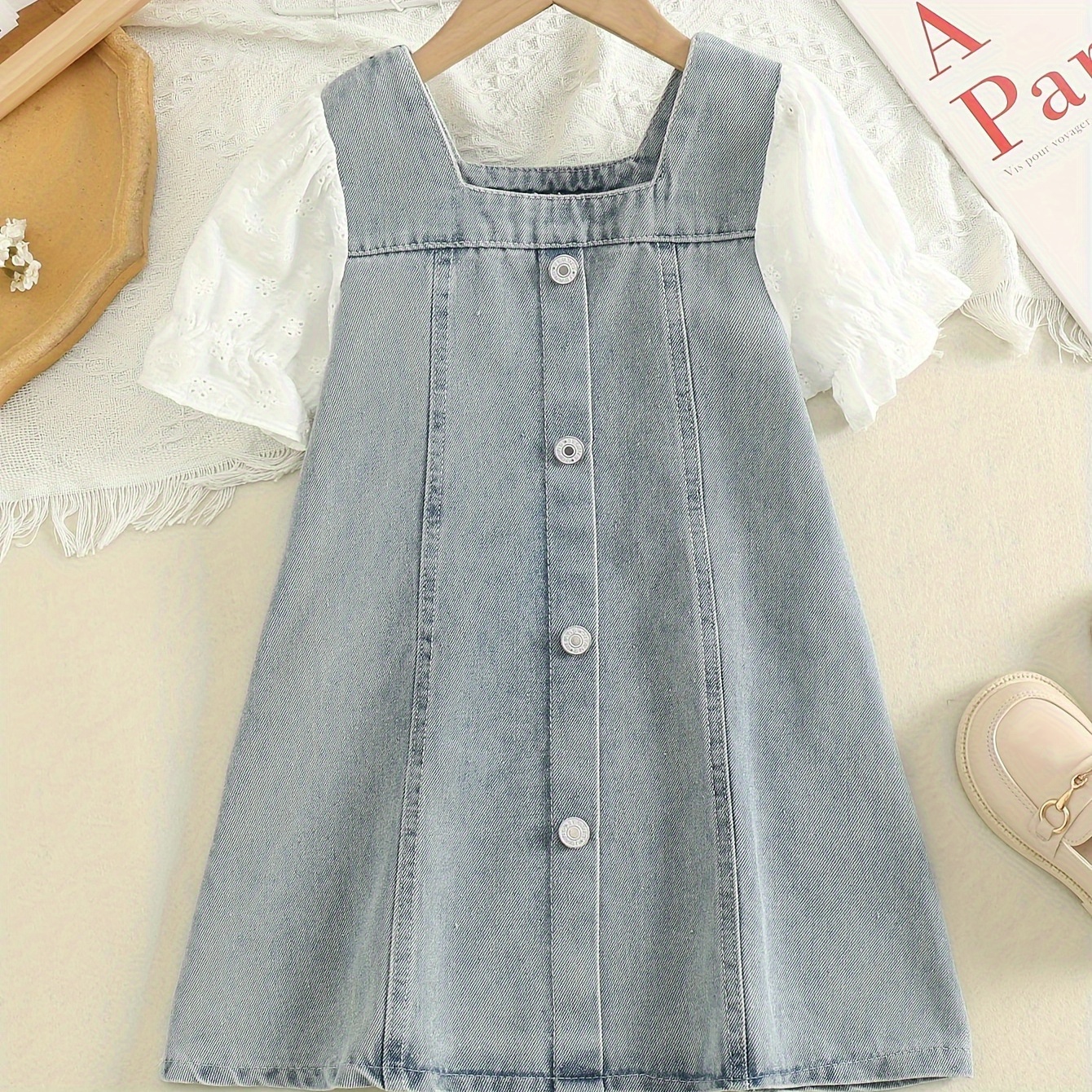 

Girls' Casual Stylish Puff Sleeve Cotton Denim Dress For Spring & Summer, Girls' Clothing