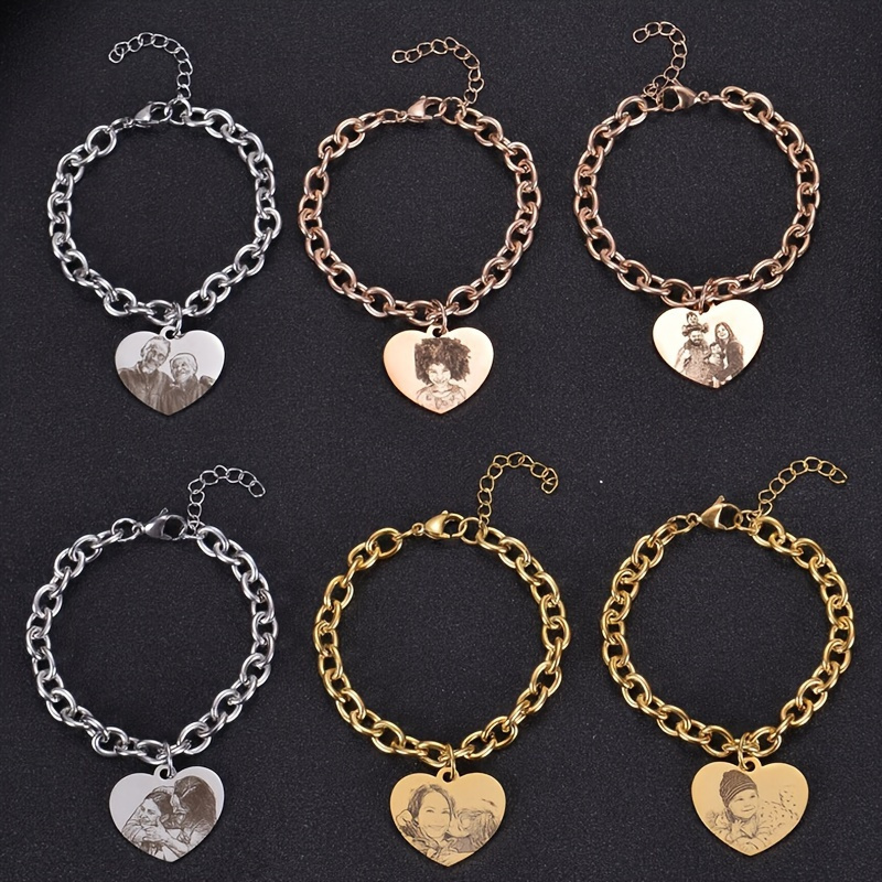 

Customized Engraveable Memorial Photo Love Heart Charm Stainless Steel Chain Bracelet, Diy Couple Bracelet For Family Photo Commemorative Gift For And Family Valentine's Day