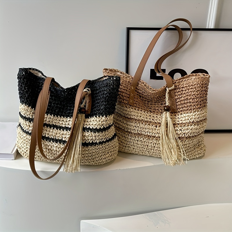 

Large Woven Straw Tote Bag For Women, Fashionable Shoulder Bucket Bag With Tassel, Spacious Beach Bag For Casual Outfit, Contrast Stripe Design