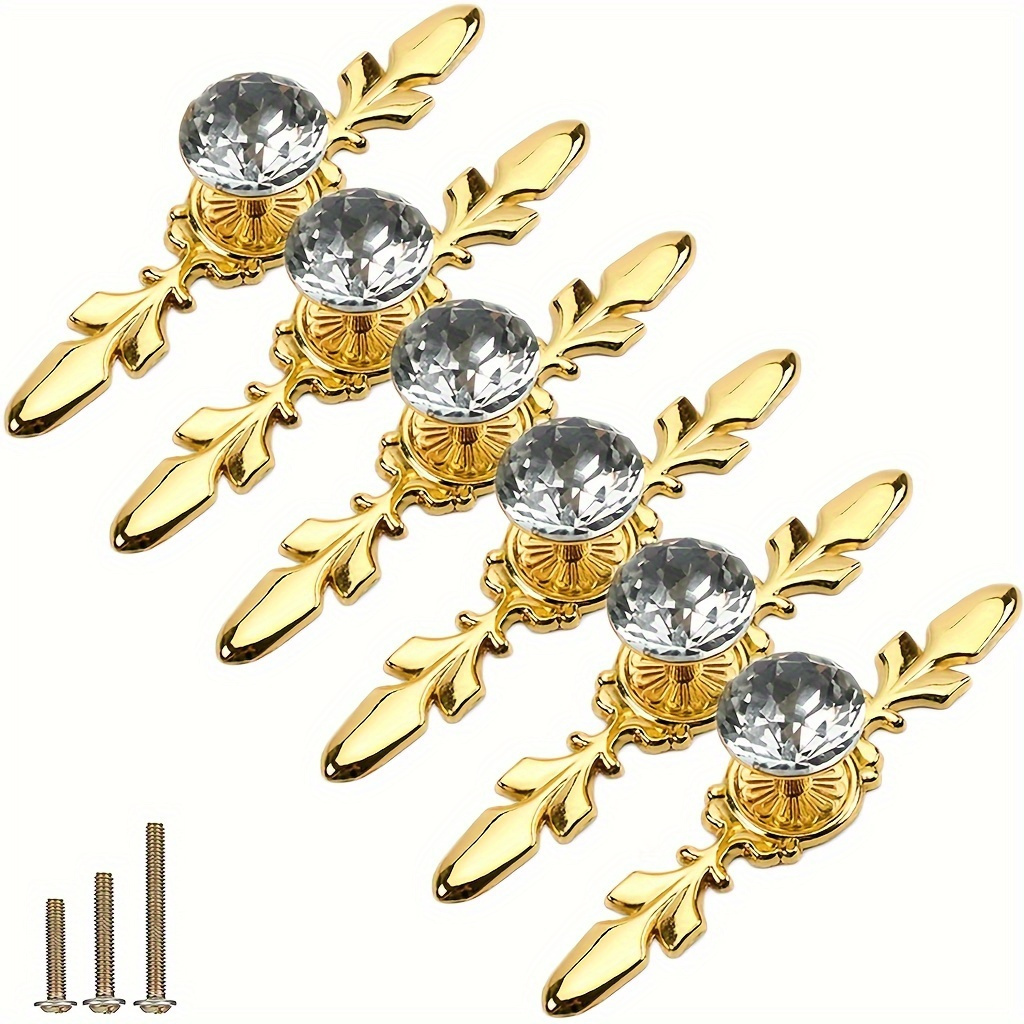 

6pcs Golden Diamond Clear Crystal Glass Decorative Knobs With Plate, Drawer Dresser Pulls Handles With 3 Kinds Of Screws For Kitchen Bathroom Office Decoration