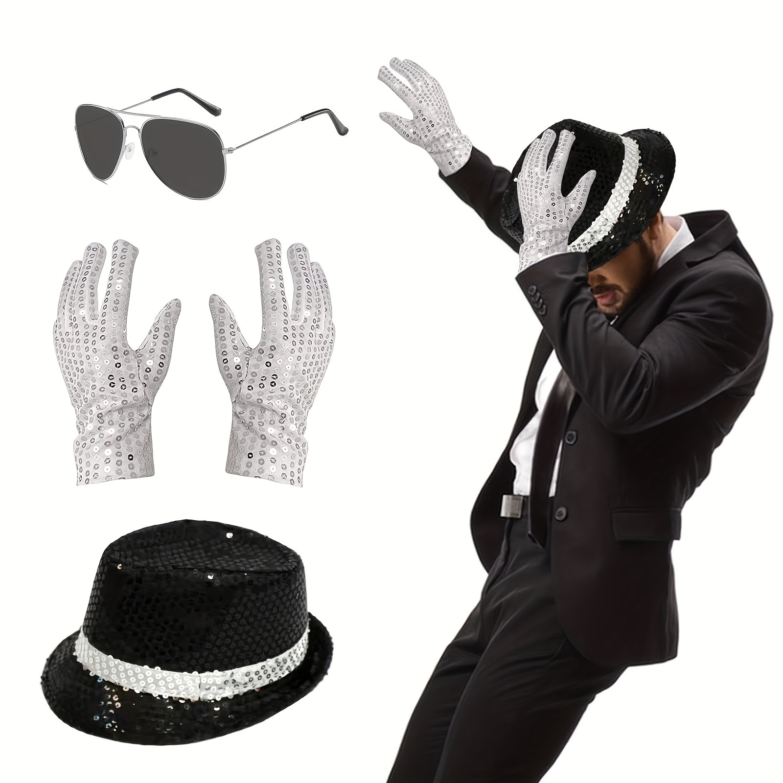 

Mj-inspired 3pcs Costume Set - Fancy Dress With Hat, Sequin Glove & Glasses For Adults - Cosplay, Halloween, Hen/stag Parties - Silvery