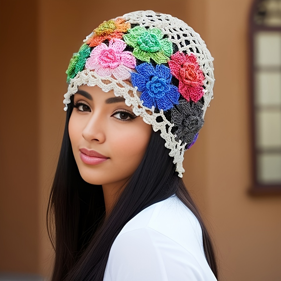 

Colorful Bohemian Crochet Women's Beanie, Spring/summer Artistic Hollow-out Floral Knit Cap, Vintage Style Elastic Skull Cap With Random Flower Colors