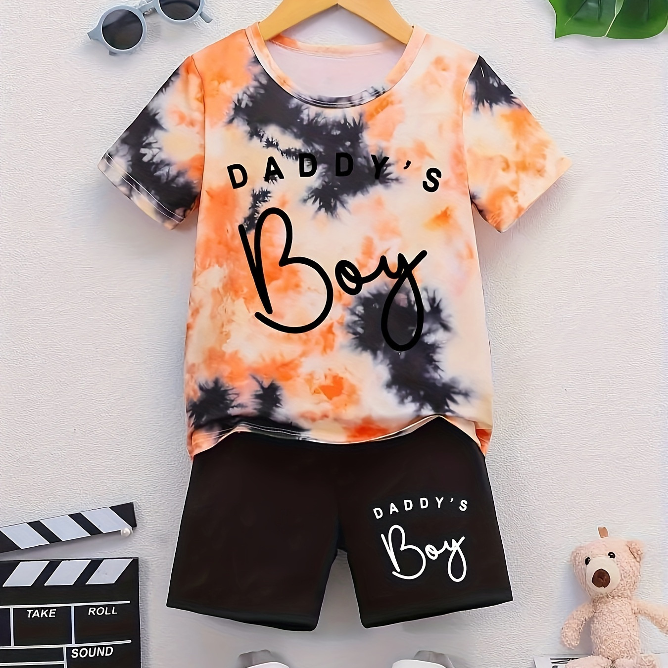 

Baby's Tie-dye Pattern 2pcs Summer Casual Outfit, "daddy's Boy" Print T-shirt & Shorts Set, Toddler & Infant Boy's Clothes