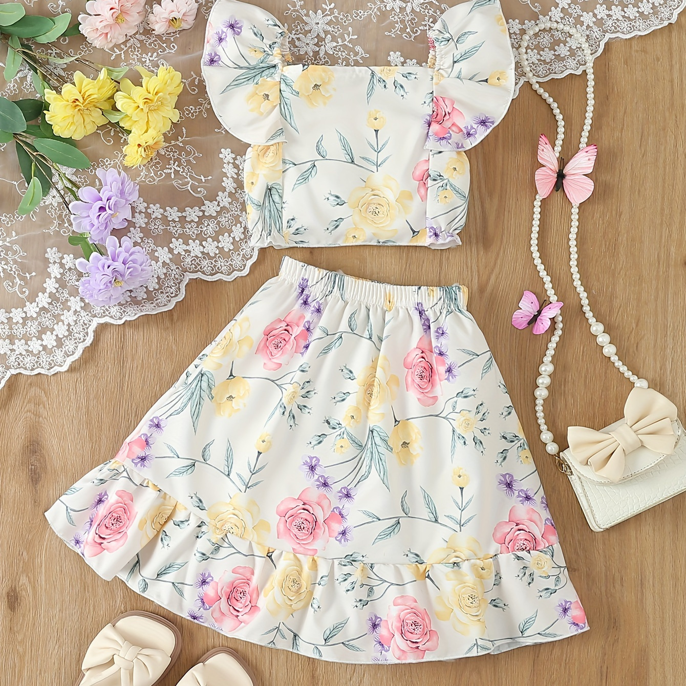 

Rose Print Girl's Outfit Ruffle Square Neck Top + A-line Skirt Holiday Casual Set, Summer 2pcs Girls Clothes