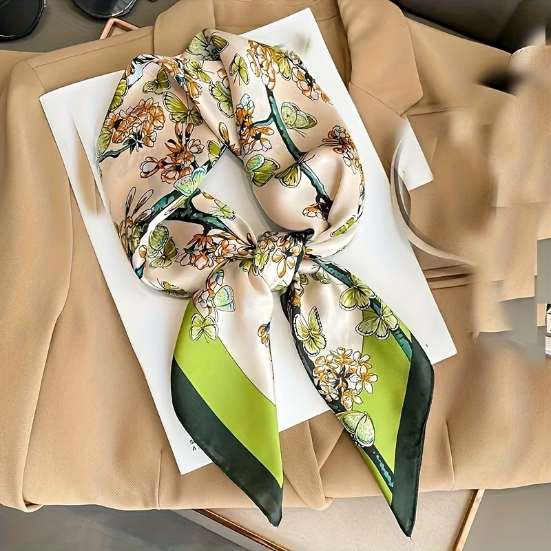 

1pc 27.56" Green Flower Butterfly Print Square Scarf Simulated Silk Thin Breathable Neck Scarf Elegant Style Sunscreen Headscarf For Women