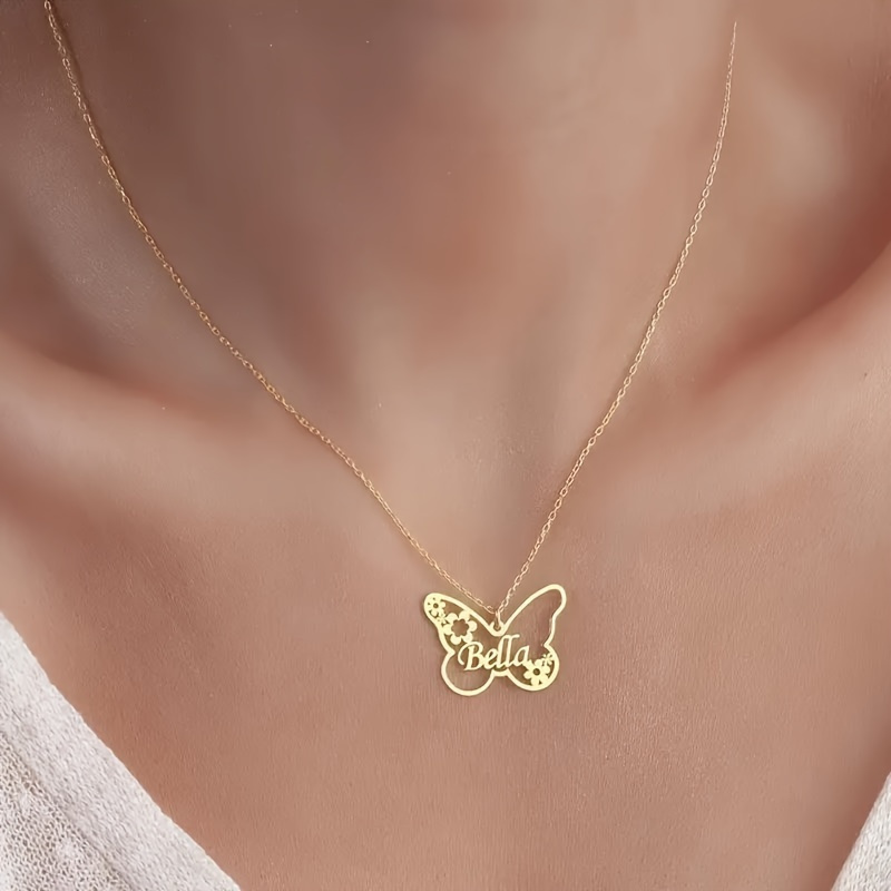 

Customized Name Pendant Necklace With Butterfly & Flower Decor, Elegant Plated Nameplate Necklace, Custom Accessories (customized Only English Language)