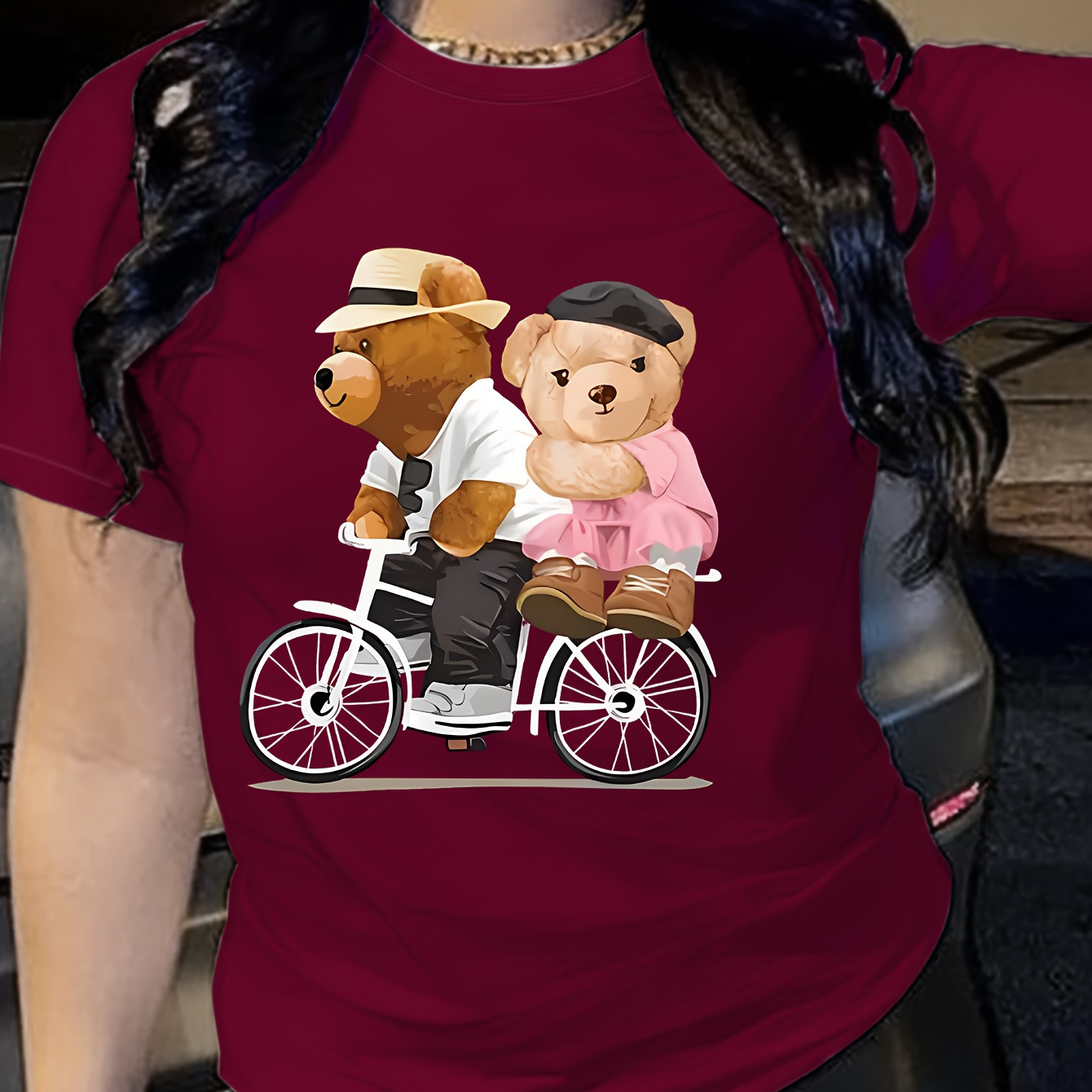 

Teddy Bear Print T-shirt, Short Sleeve Crew Neck Casual Top For Summer & Spring, Women's Clothing