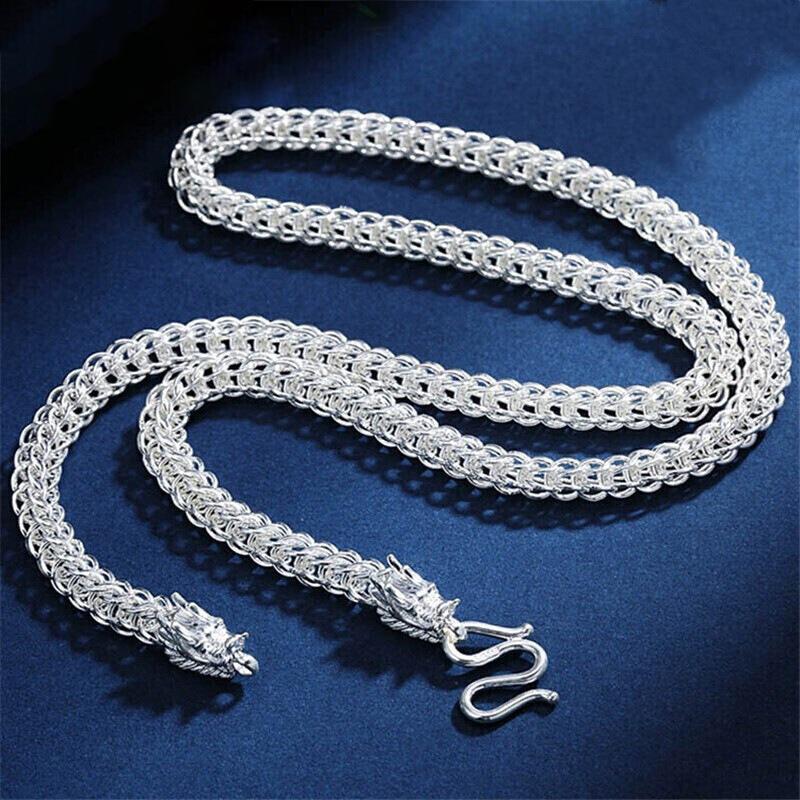 

925 Silver Double Dragon Head Chain Fashionable And Domineering Trendy Men's Personality Thick Silver Chain Men's Bracelet Long Collarbone Necklace Fashion Bracelet Jewelry Set