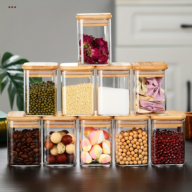 

10-piece Square Glass Set With Bamboo , High Borosilicate Glass, Kitchen Storage For Salt, Pepper, Sugar, Spices, Includes Measuring Spoon With Precise Scale - Ideal Organizer For Home And Restaurant