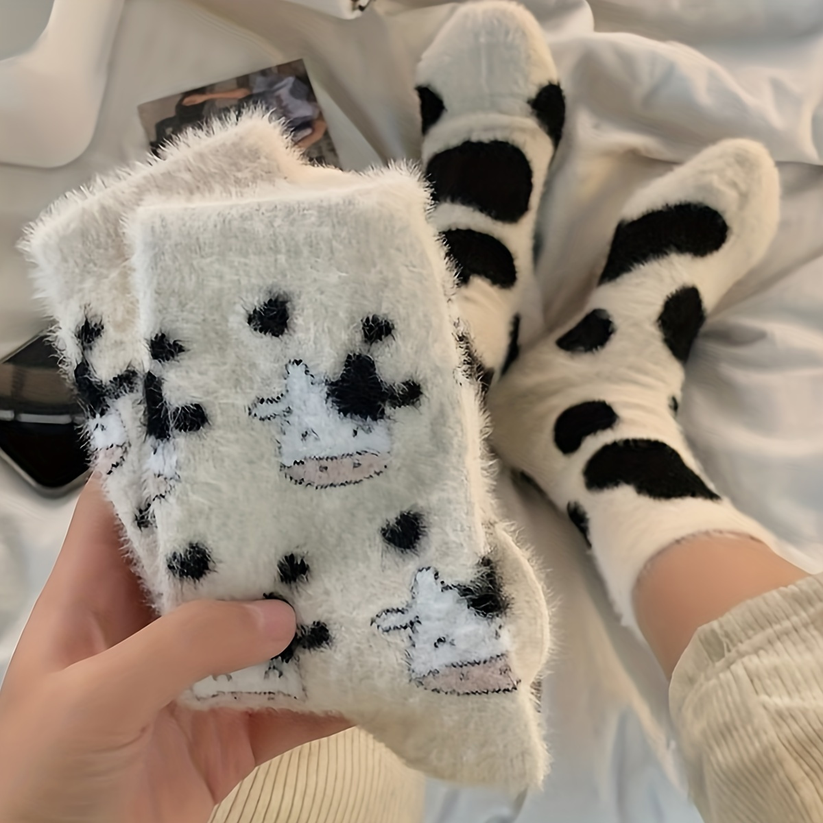 

Cartoon Cow Pattern Socks, Cute Fluffy Plush Mid Tube Socks For Fall & Winter, Women's Stockings & Hosiery