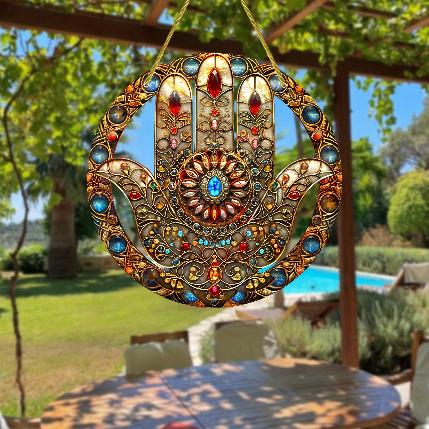 

1pc Suncatcher - Boho Acrylic Wall Hanging Decor, Religious Themed Hamsa Hand Plaque, Multipurpose Decorative Sign For Home, Garden, Porch, Living Room Wall Art - Sun Catcher Round Sign