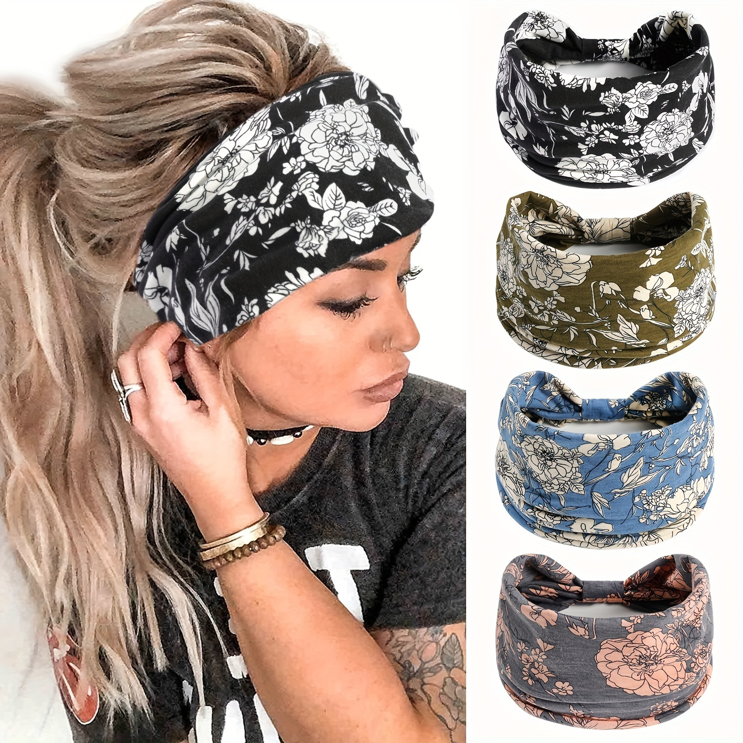 

4-pack Bohemian Style Headbands, Wide Breathable Yoga Running Hair Bands, Soft Knit Printed Hair Ties, Fashionable For Women, Anniversary Day Accessory Set