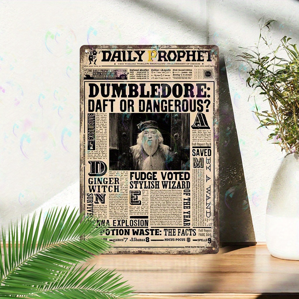 

1pc Vintage Daily Prophet Metal Sign, Aluminum Wall Art Featuring Cartoon Movie Poster, Dumbledore Theme, Home & Room Decor, Water-proof & Dust-proof, Perfect For Pub, Cafe, Bar & Christmas Gift