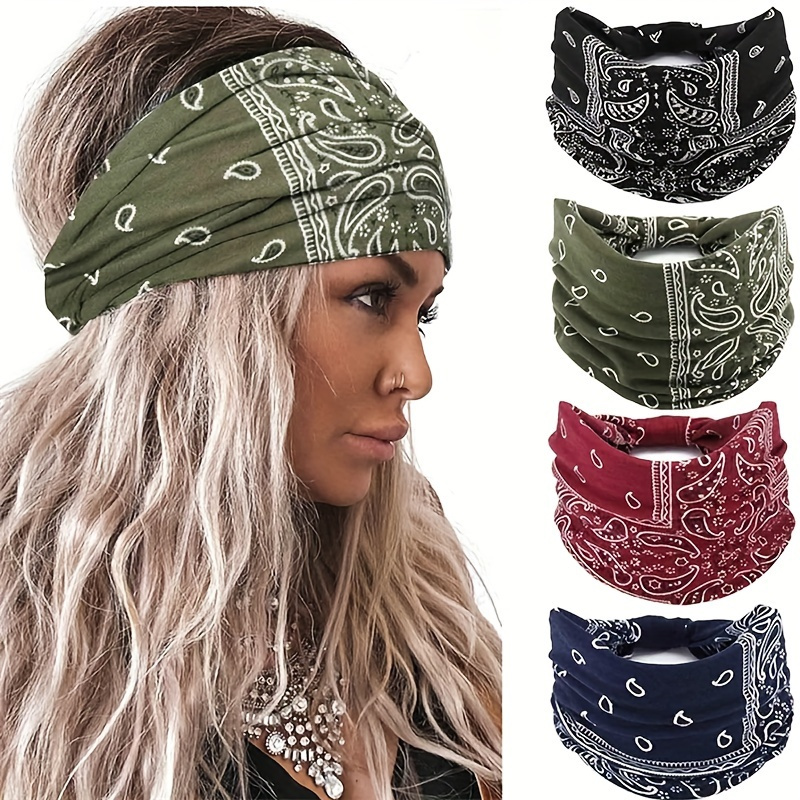 

Bohemian Paisley Wide Headband Set - Cotton Blend Elastic Cross Knot Hairbands For Women, Elegant Boho Style Non-slip Breathable Head Wraps With Knitted Tie Detail, Set For Homecoming Festival