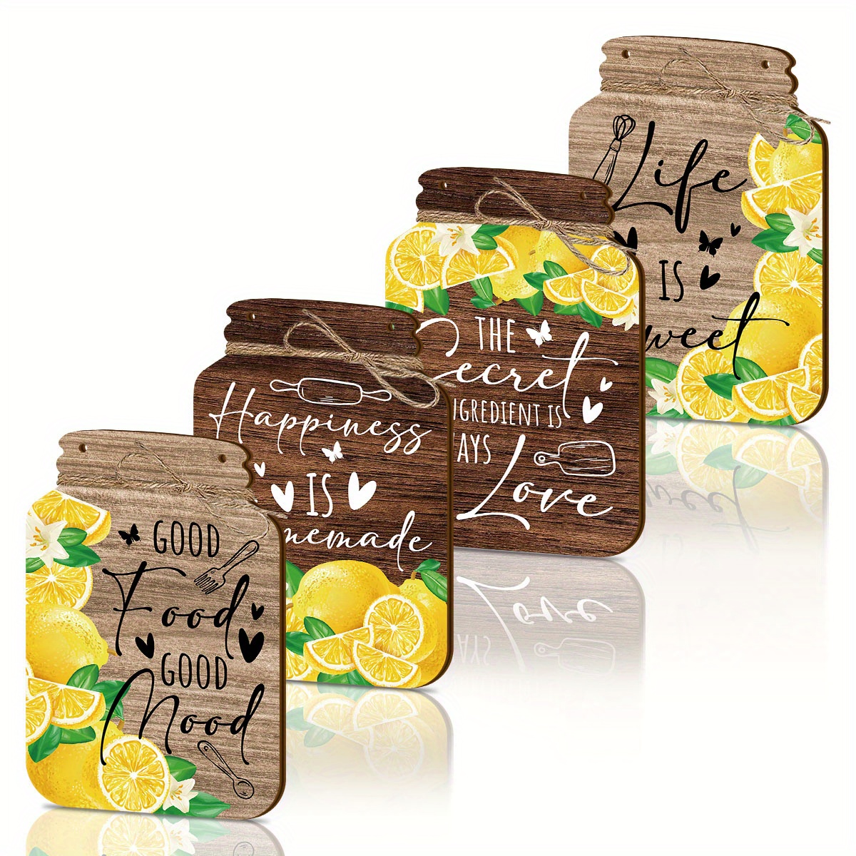 

4pcs Rustic Lemon Mason Jar Wall Decor Set - Wooden Signs For , No Power Needed