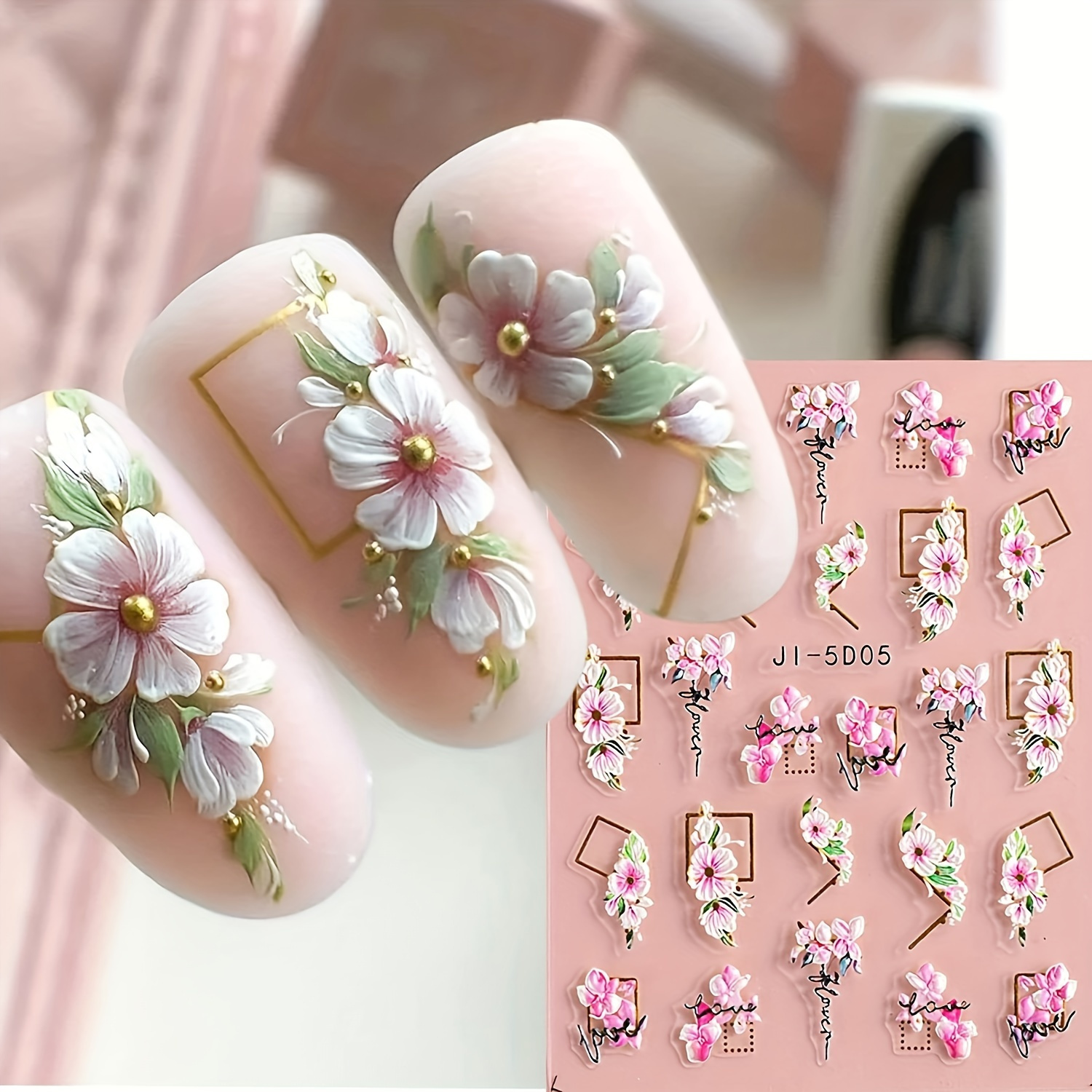

3 Sheets 5d Embossed Nail Art Stickers Acrylic Embossed Nail Stickers Pink And White Flowers, Leaves, Cherry Adhesive Patches Diy Nail Art Decoration