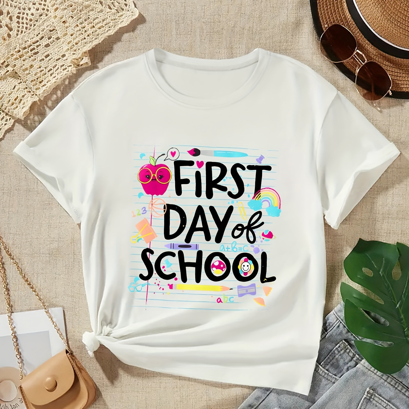 

First Day Of School Print Girl's Creative T-shirt, Soft & Elastic Comfy Crew Neck Short Sleeve Tee, Girl's Summer Top