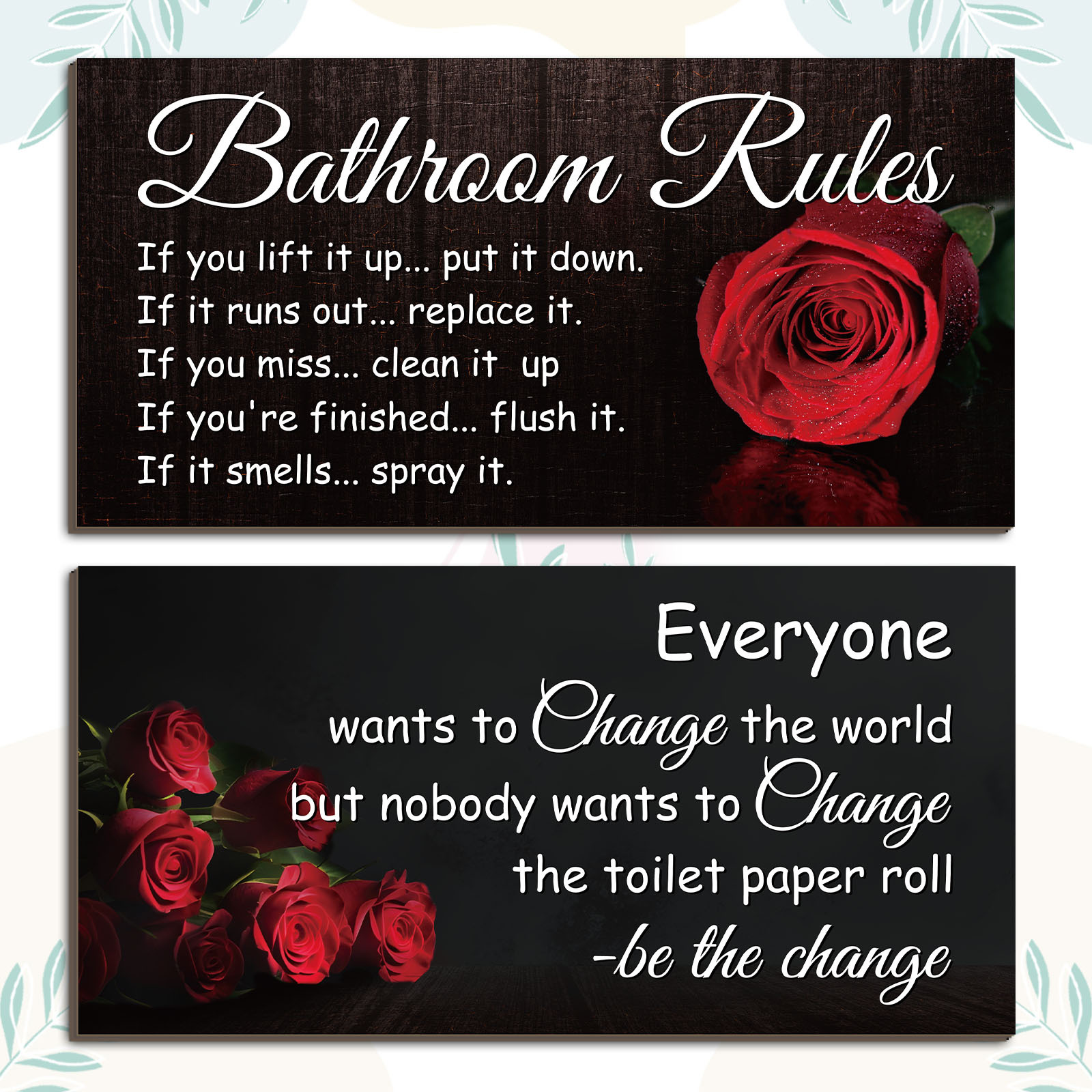 

2 Pcs Wooden Bathroom Wall Decoration Plaque With Rose Pattern, Vintage Country Bathroom Decoration Plaque, Black Tones, Funny Wall Art Decoration