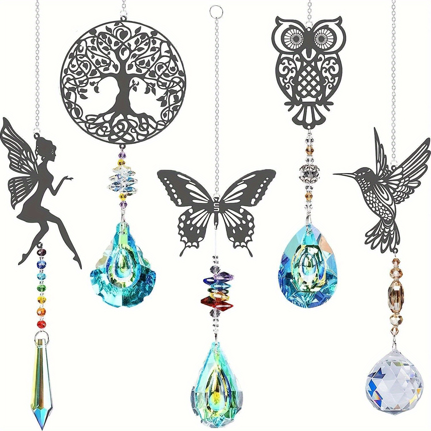 

sparkling" 5-piece Crystal Suncatcher Set With Prism - Owl, Hummingbird & Butterfly Designs For Window Decor - Indoor Rainbow Maker Ornaments, Perfect Garden Gift