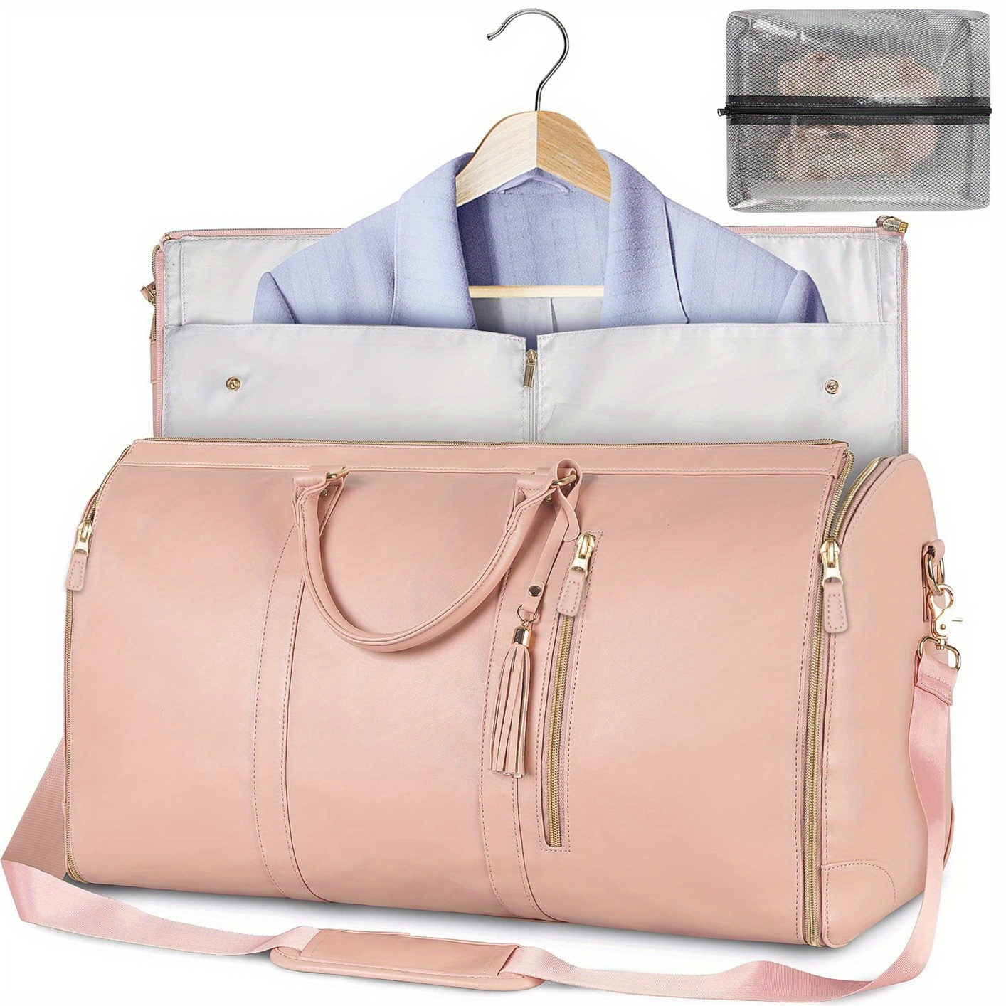

Large Pu Leather Duffle Bag For Women, Waterproof Garment Bags For Travel With Shoe Pouch, 2 In 1 Hanging Suitcase Suit Travel Bags, Gifts For Women, Pink