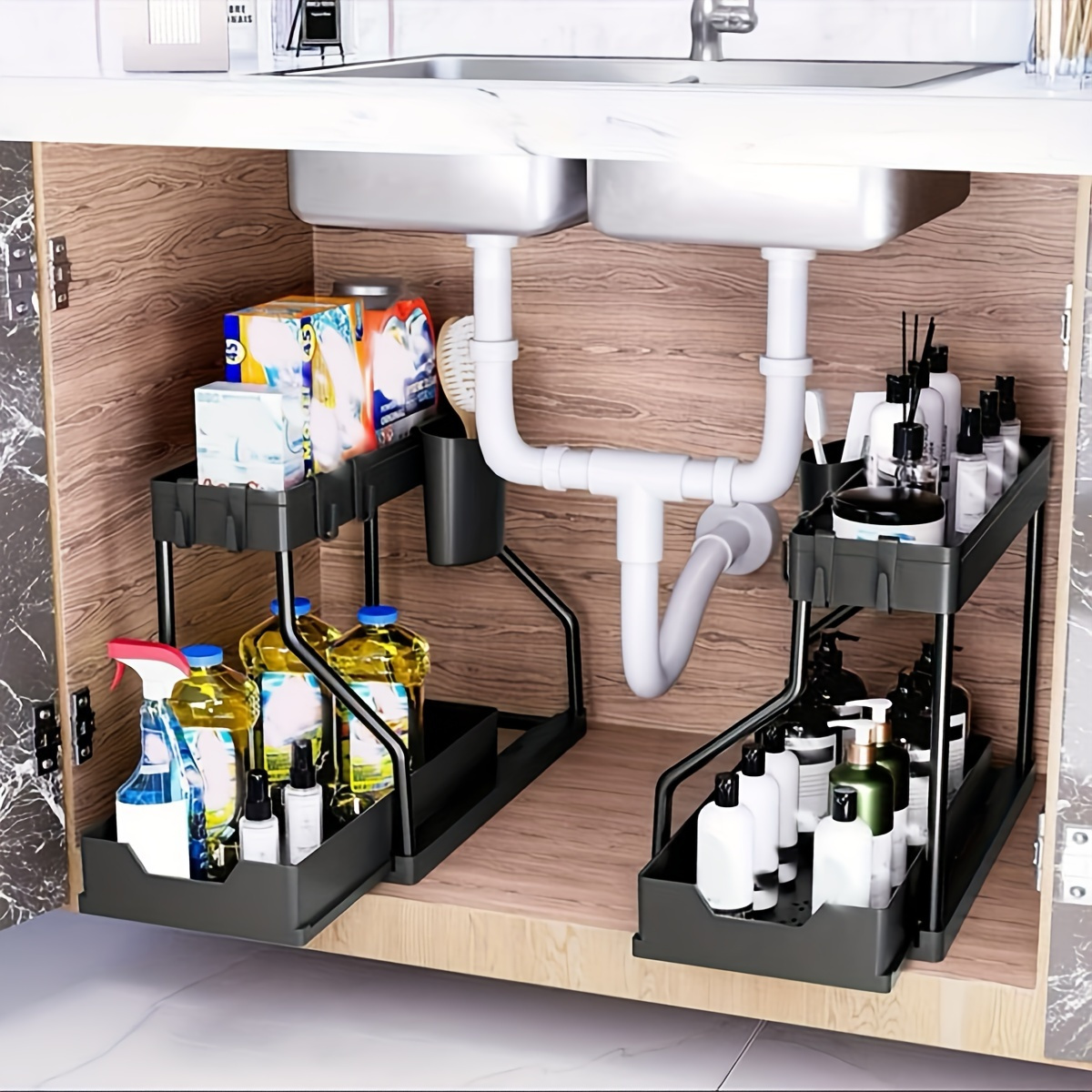 

1pc Pull Out Organizer, Large Capacity 2 Tiers Black Under Sink Storage Organizer, Household Drawer Type Storage Holder, For Kitchen And Bathroom, Home Organizers And Storage, Home Accessories