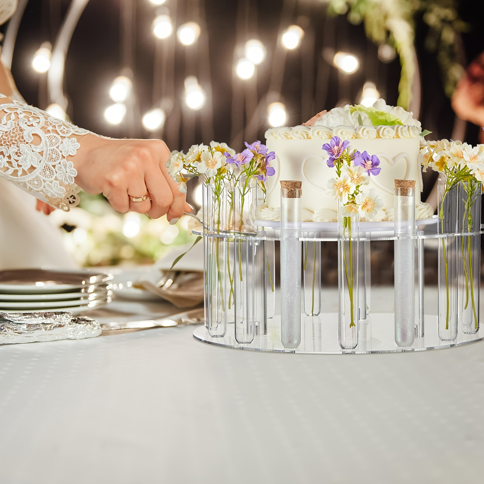 Acrylic Cake Stand with Floral Tube Holders, Clear Round Display for Events  and Celebrations, Elegant Centerpiece for Weddings, Birthdays, Showers, an