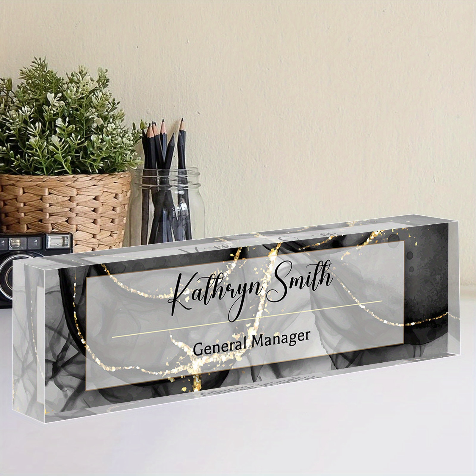 

1pc Personalized Acrylic Desk Name Plate - Custom Minimalist Business Card Holder With Golden Accents, Elegant For Office, Wedding, Birthday, Or Graduation Gift