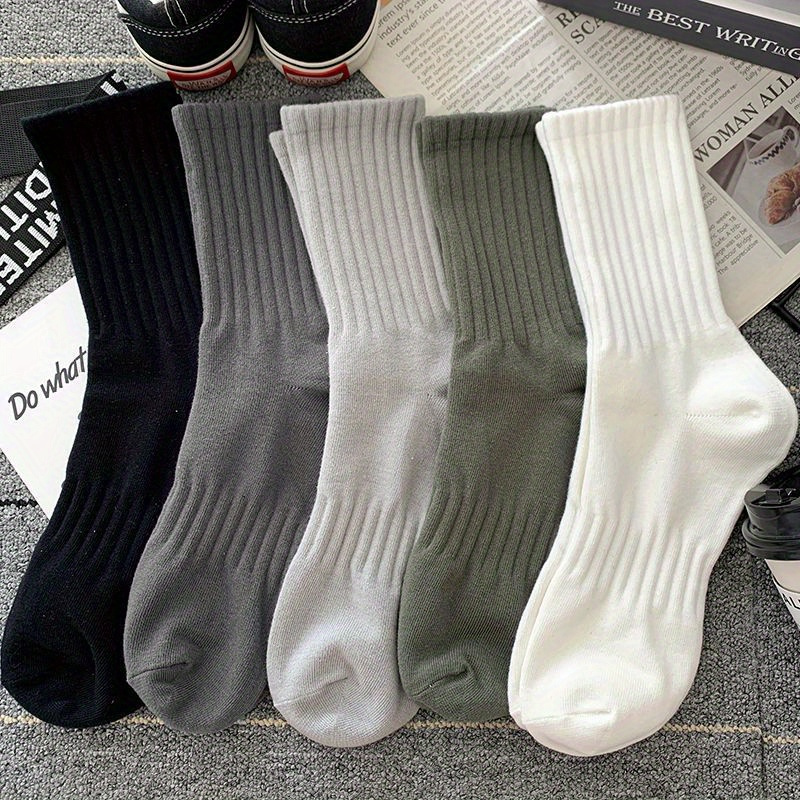 

5 Pairs Men's Solid Cotton Mid-calf Crew Socks, Breathable Comfy Casual Socks, Fashion Sports Socks For Outdoor Fitness Basketball Running