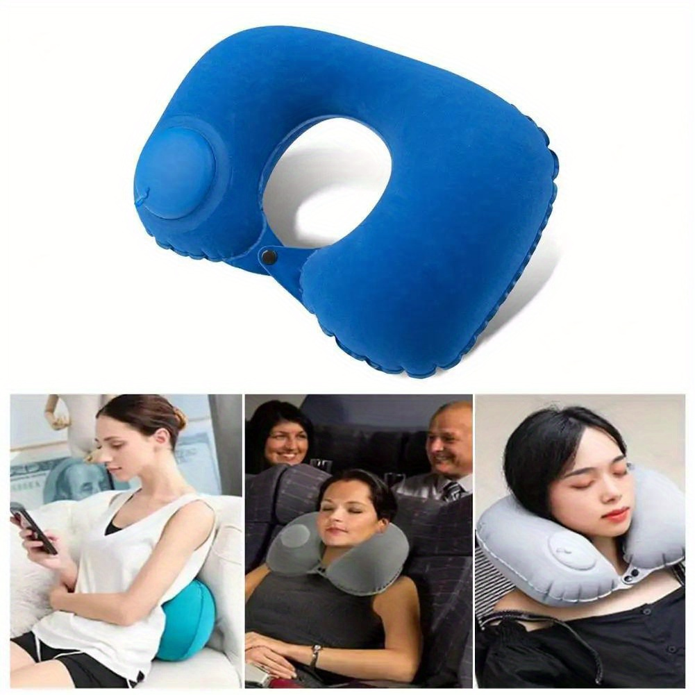 1pc Flocking Inflatable U-shaped Pillow Press Inflatable Portable Travel Neck Pillow Train Airplane Pillow Outdoor Travel Inflatable Pillow