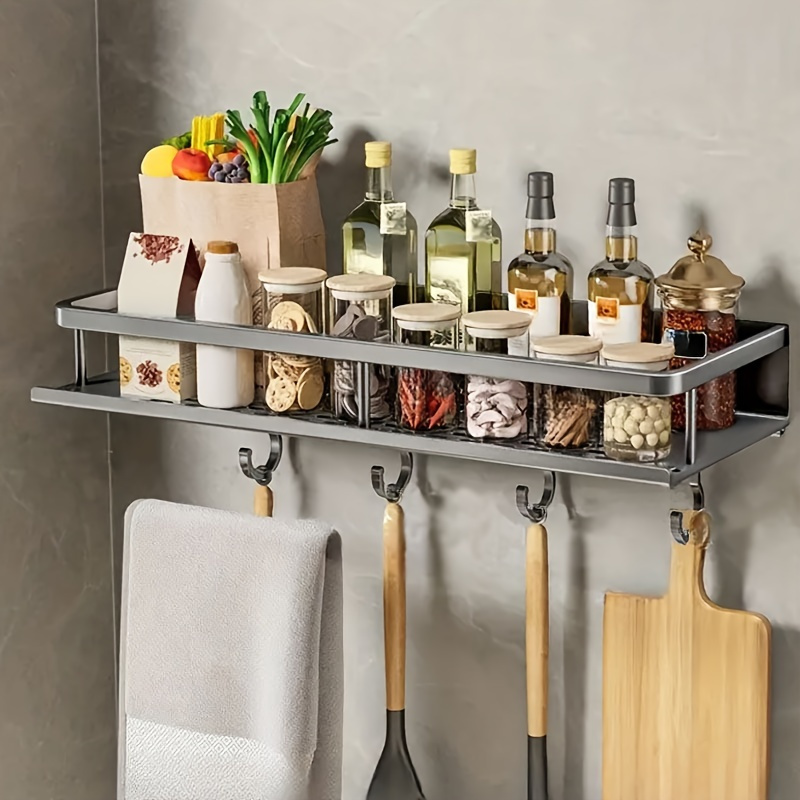 aluminum spice rack with polished finish   wall mount hanging   saving multi function organizer for kitchen bathroom punch free cookware storage   spice jar details 5