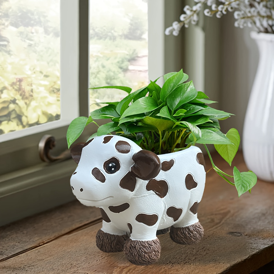 

Rustic Cow-shaped Resin Succulent Planter With Drainage - Indoor/outdoor Decorative Flower Pot For Home & Balcony