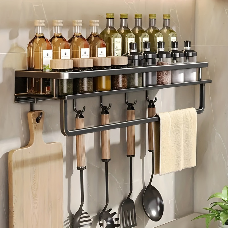 aluminum spice rack with polished finish   wall mount hanging   saving multi function organizer for kitchen bathroom punch free cookware storage   spice jar details 4