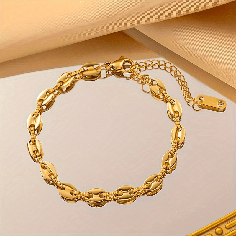 

1pc Golden Stainless Steel Coffe Bean Bracelet, Elegant Trendy Style Plated Chain Bracelet, Women's Hand Jewelry