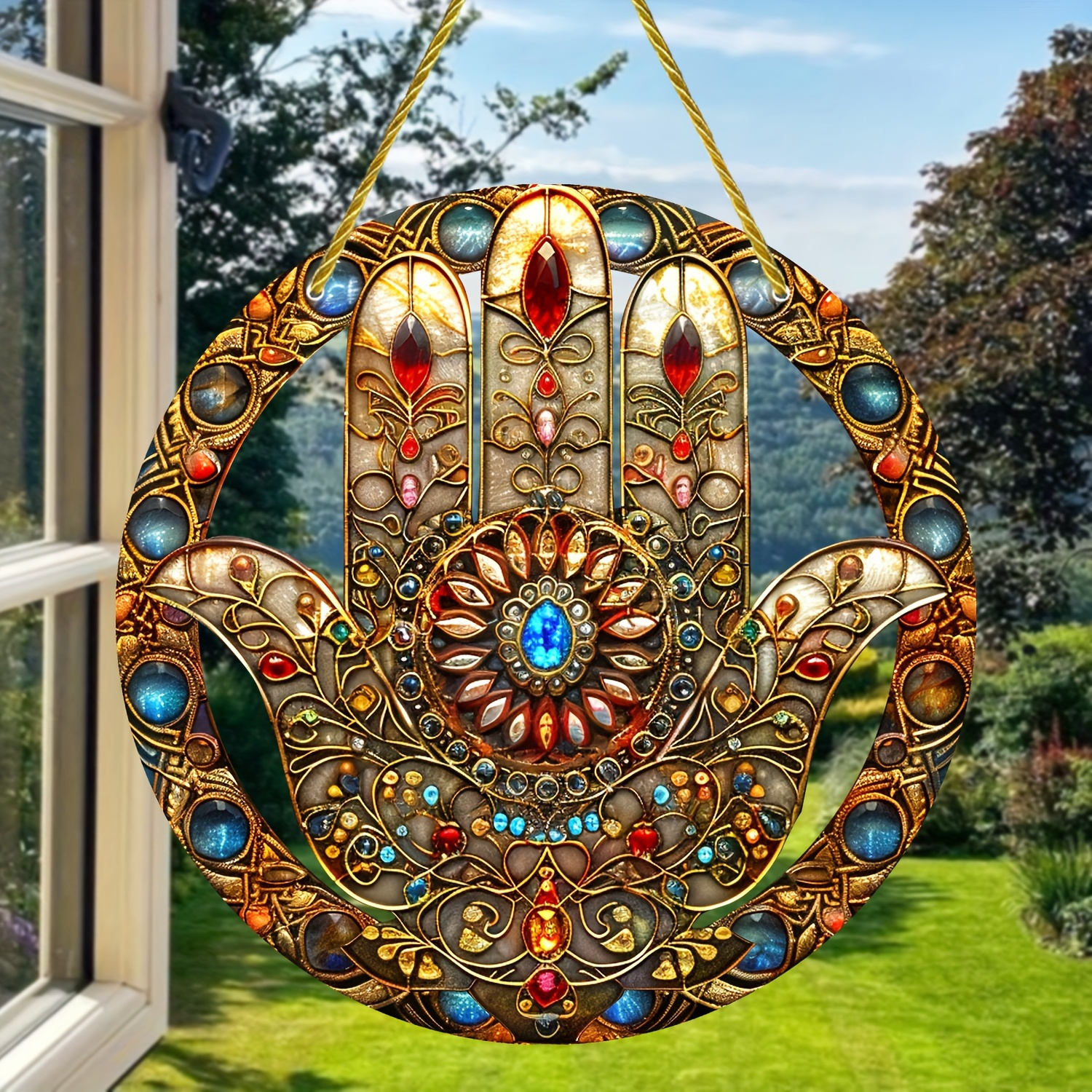 

Sun Catcher Pattern Sun Catcher - Boho Acrylic Wall Decor, Religious Themed Hamsa Hand Sign, Multipurpose Decorative Sign For Home, Garden, Porch, Living Room Wall Art - Sun Catcher Round Sign (1 Pc)