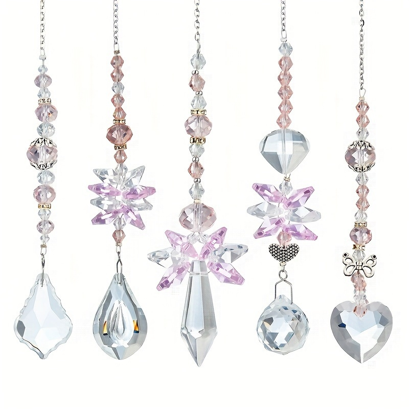5pcs Amethyst & Pink Crystal Wind Chime Set - Sun Pendants For Home, Garden, - Valentine's Day & Christmas Parties