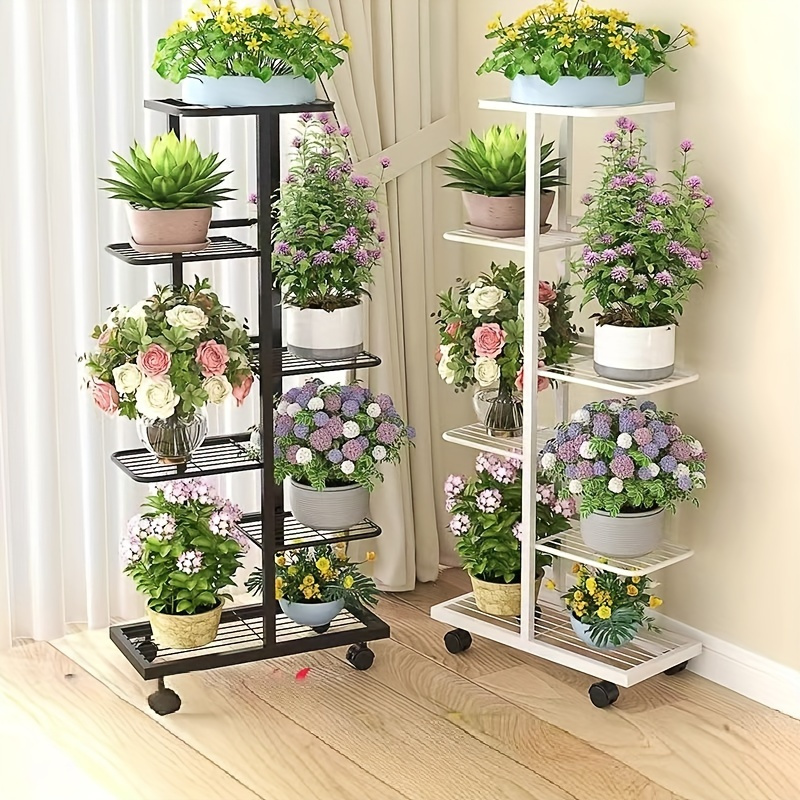 

Rustic 4-tier Mobile Plant Stand With Casters - Indoor/outdoor Use, Metal Construction, Multiple Components, Rectangular Shape, And Anti-rust Features