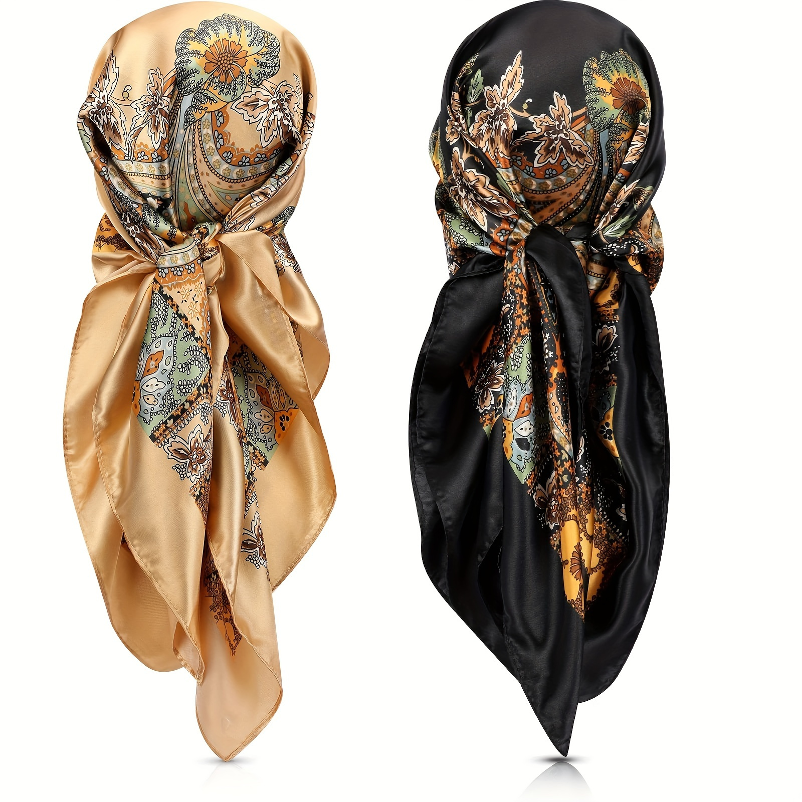 

Women's Elegant Satin Square Scarves, 35.5" Silk-like Bandanas With Floral Print, Summer Head Wraps For Women