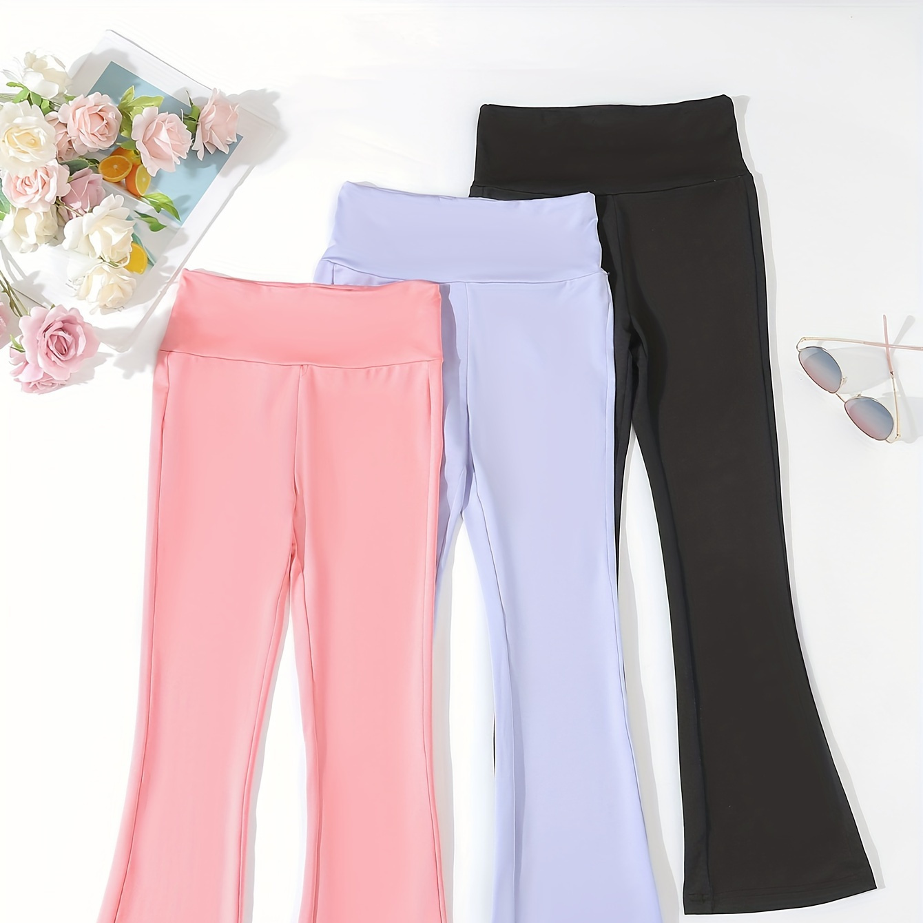 

3pcs, Girls Solid Flare Pants Set Casual Comfy Pants For Outdoor Gift