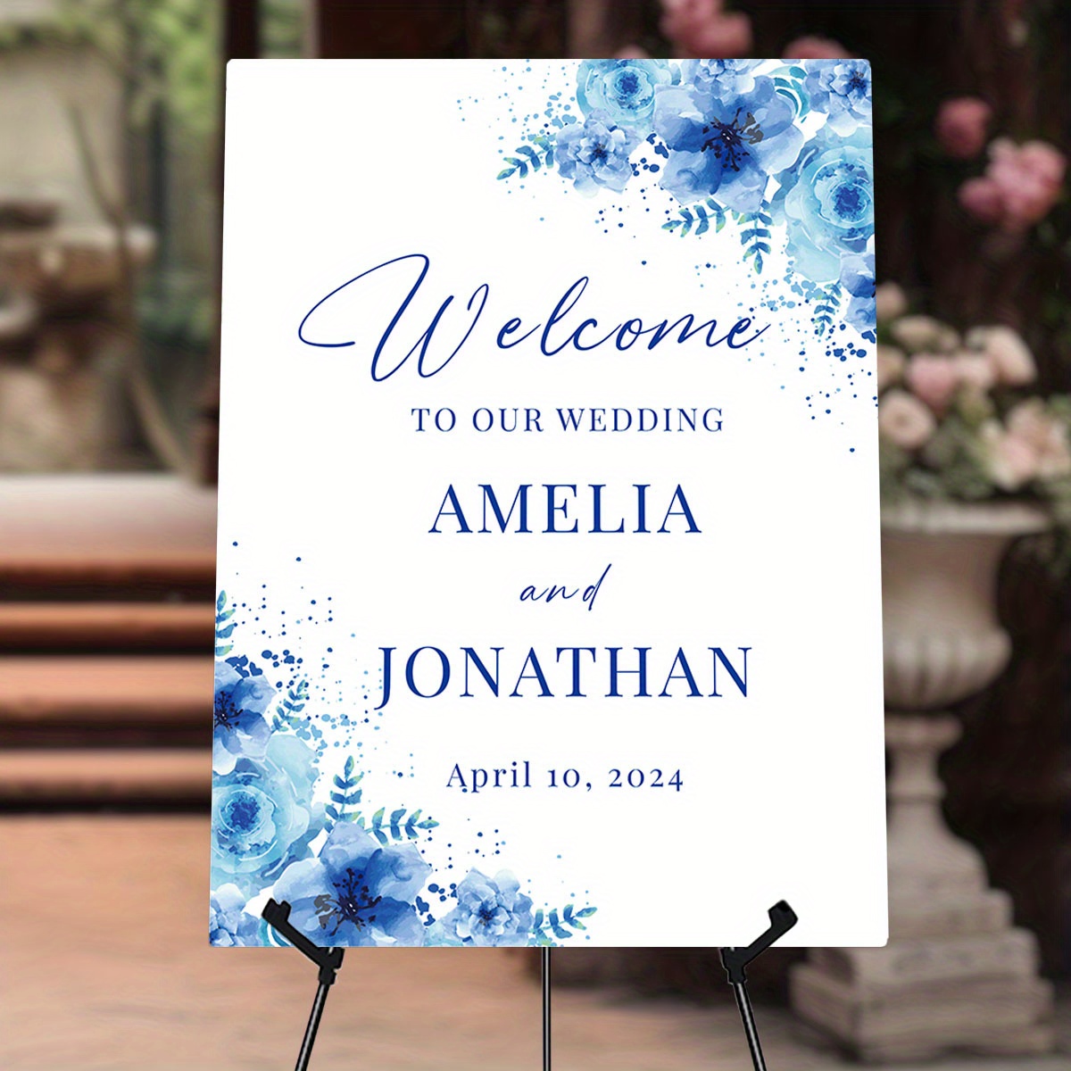 

1pc, Personalized Wedding Entrance Invitation Board, Welcome To Our Wedding Blue Floral Theme Wedding Custom Invitation Board, Wedding Personalization, Text Customization