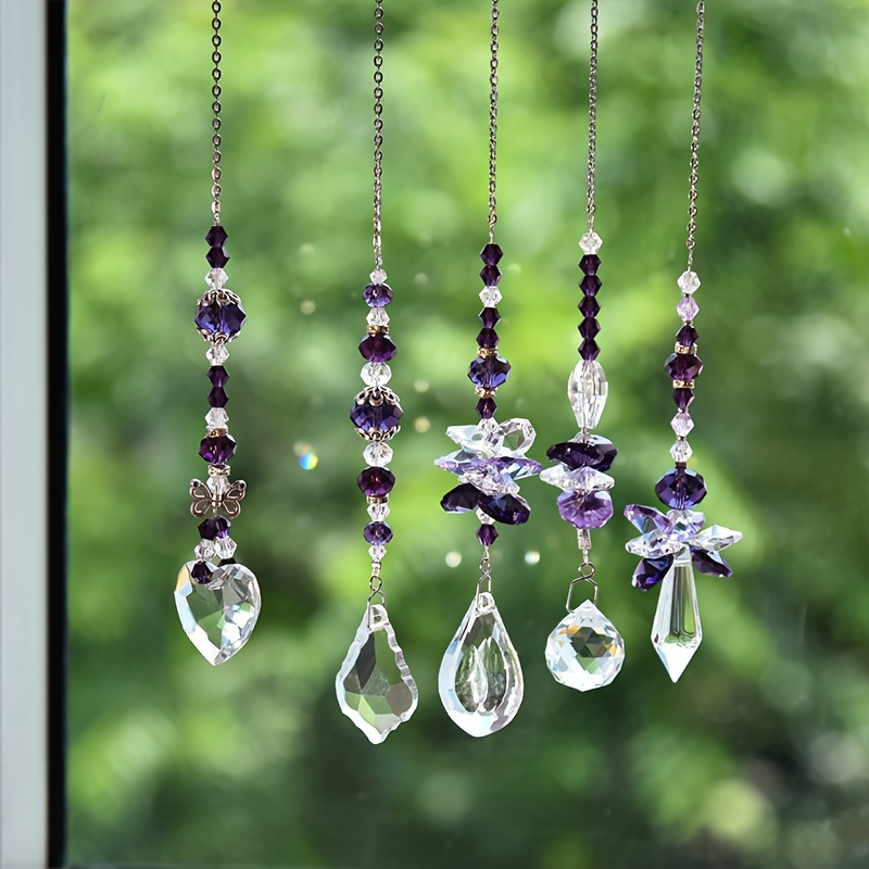 

5-piece Amethyst And Pink Crystal Suncatcher Set - Glass Wind Chime Decor For Home, Garden, Car - Ideal For Valentine's Day And Christmas Festivities