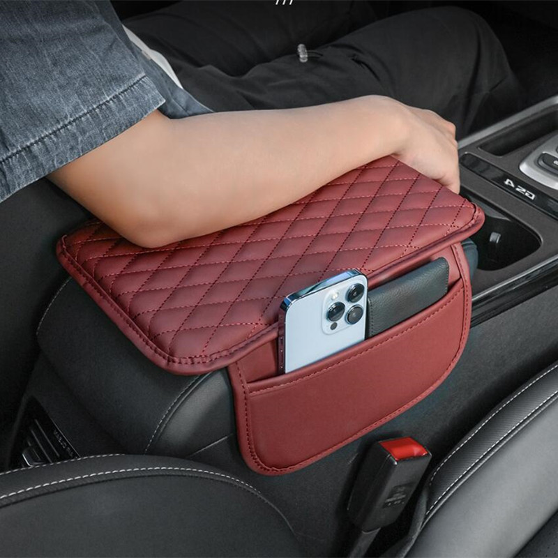 

1pc Pu Leather Car Armrest Box Heightened Pad With Side Storage Bag, Car Armrest Box Pad With Storage Bag, Car Interior Accessories, Common For All Seasons