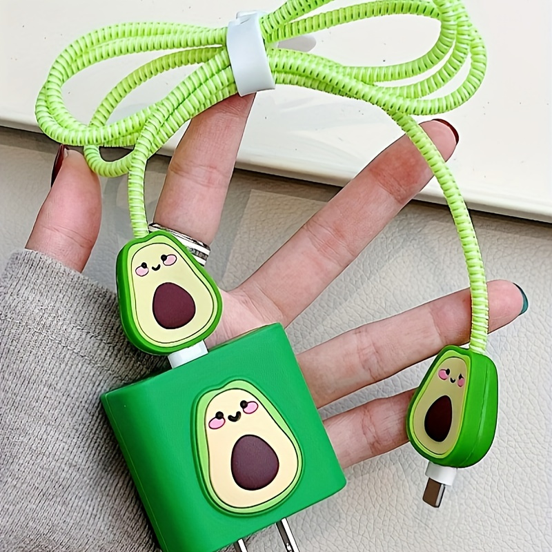 

5-piece Set Cartoon Avocado Charger And Cable Protectors Compatible With Iphone 14 Pro Max, 18w/20w Usb- Adapter Cover And Cable Cord Protector, Tpu Material Accessories - Ideal Couple's Gift