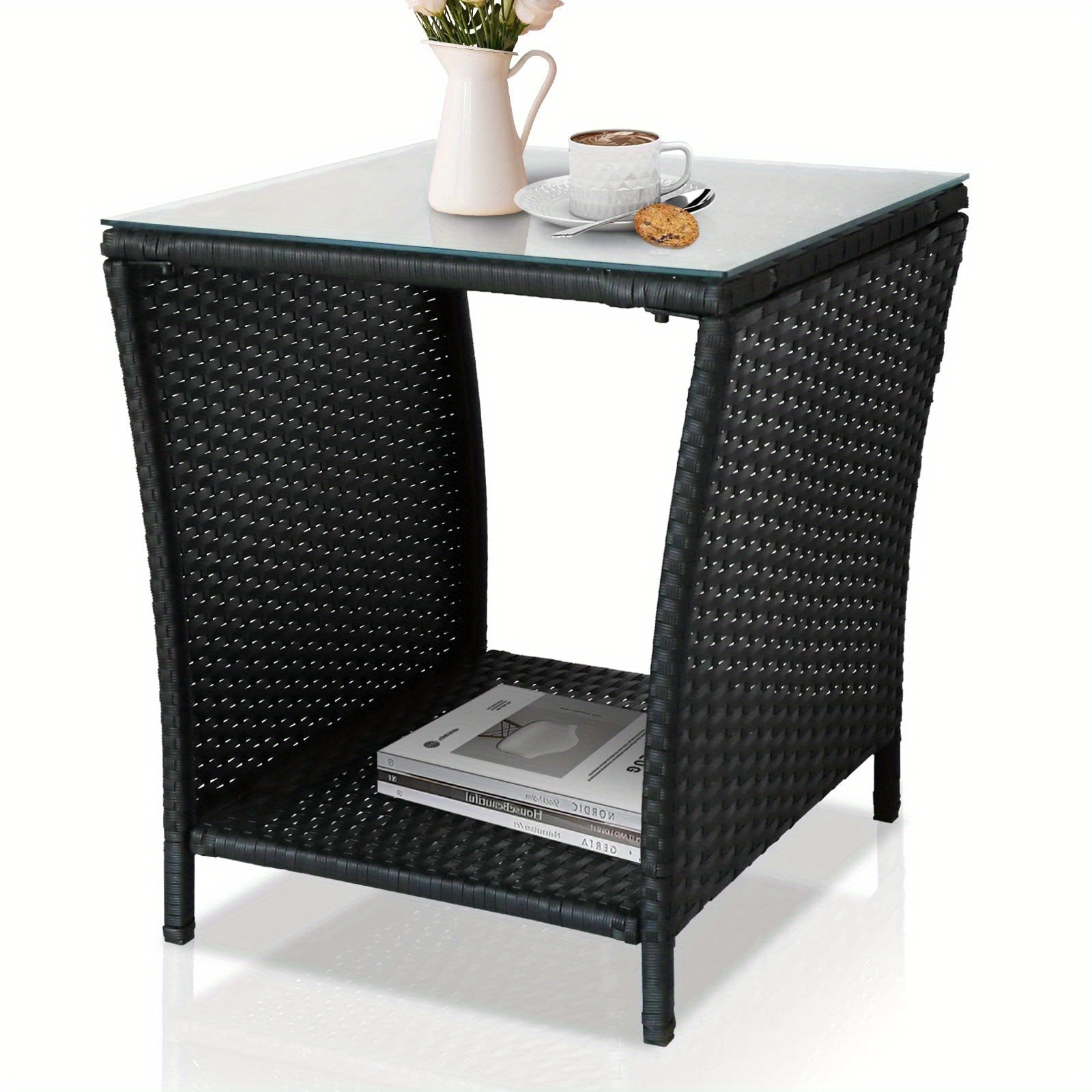 

Outdoor Patio Wicker End Table Square Side Bistro Coffee Table With Glass Top Storage Shelf For Garden Lawn Backyard